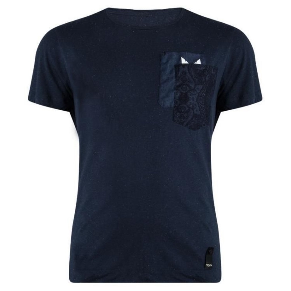 Fendi Dark Blue Short Sleeve Tee with Patterned Pocket
